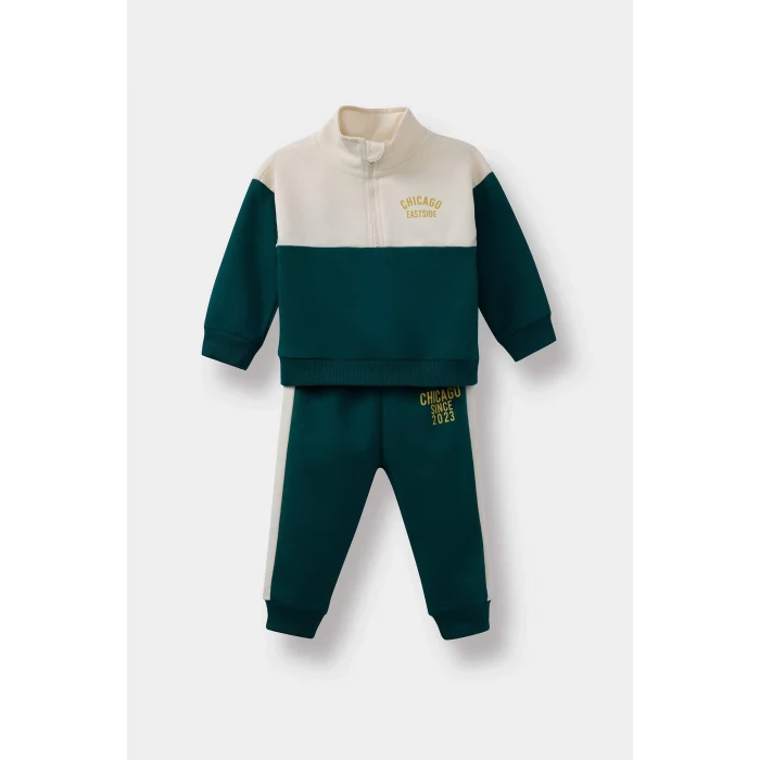 Defacto F3260A5GN671 Yeşil Erkek Bebek 2li Takım Baskılı Okul Fermuarlı Sweatshirt Eşofman Altı