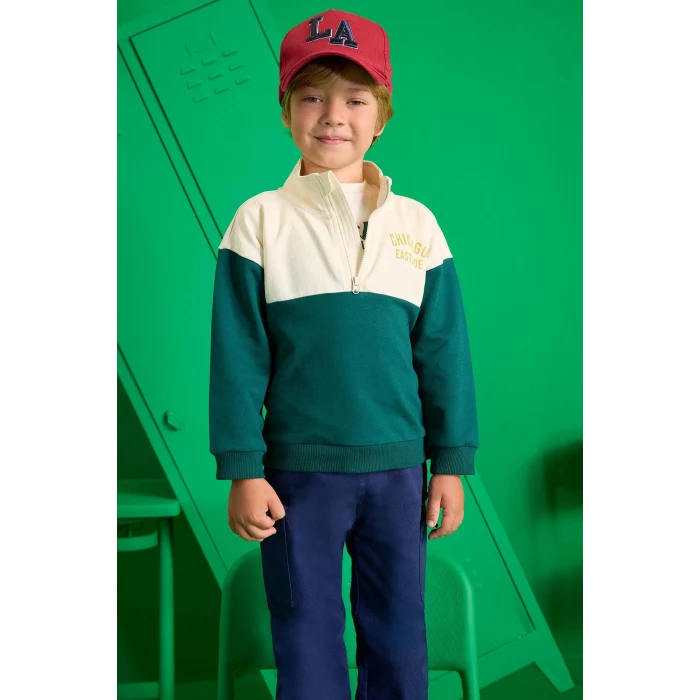 Defacto F3260A5GN671 Yeşil Erkek Bebek 2li Takım Baskılı Okul Fermuarlı Sweatshirt Eşofman Altı