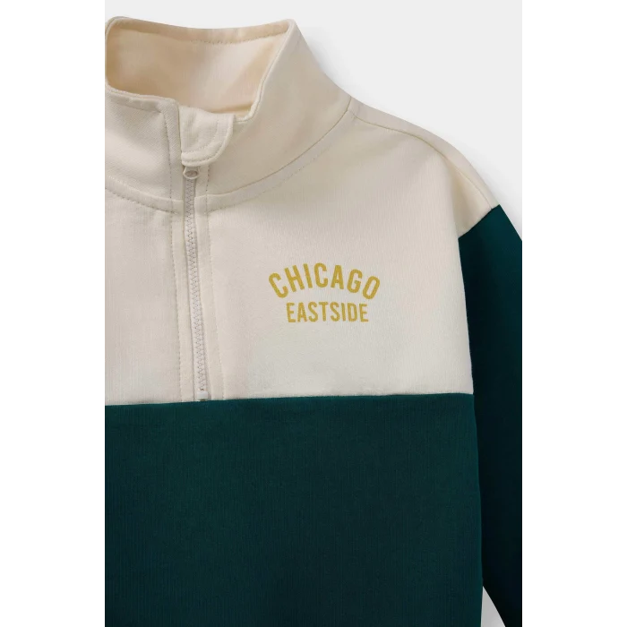 Defacto F3260A5GN671 Yeşil Erkek Bebek 2li Takım Baskılı Okul Fermuarlı Sweatshirt Eşofman Altı