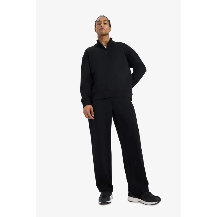 Defacto E9363AXBK81 Siyah Boxy Fit Dik Yaka Yarım Fermuarlı Skuba Dalgıç Kumaş Sweatshirt