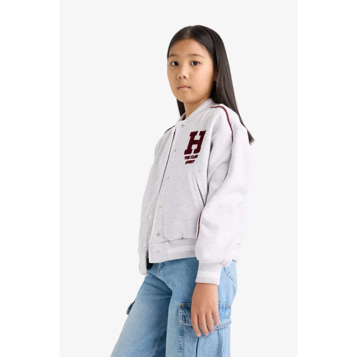 Defacto F3262A8GR400 Gri Kız Çocuk Kolej Yaka Sırt Baskılı Bomber Ceket
