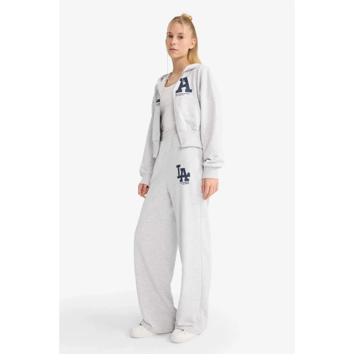 Defacto F8911AXGR210 Gri Coool Cropped Fit Kapüşonlu Baskılı Fermuarlı Sweatshirt