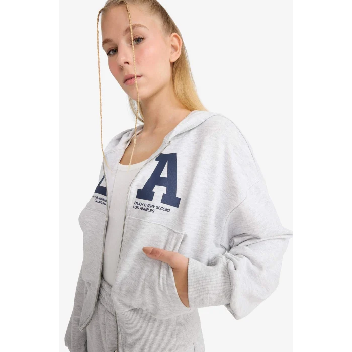 Defacto F8911AXGR210 Gri Coool Cropped Fit Kapüşonlu Baskılı Fermuarlı Sweatshirt