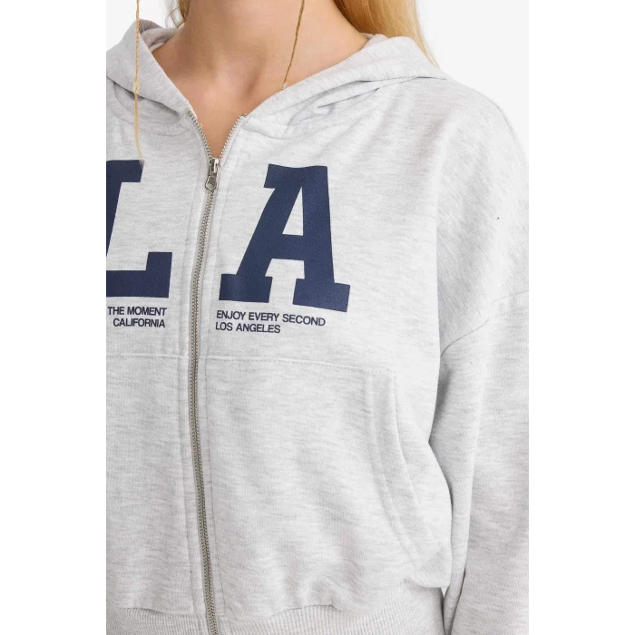 Defacto F8911AXGR210 Gri Coool Cropped Fit Kapüşonlu Baskılı Fermuarlı Sweatshirt