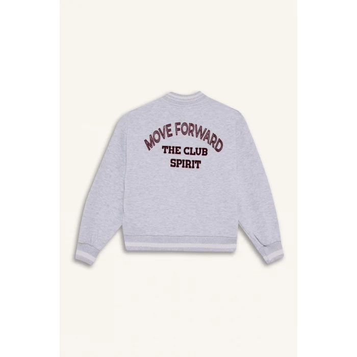 Defacto F3262A8GR400 Gri Kız Çocuk Kolej Yaka Sırt Baskılı Bomber Ceket