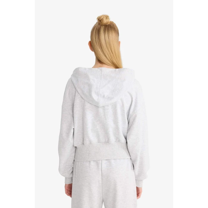 Defacto F8911AXGR210 Gri Coool Cropped Fit Kapüşonlu Baskılı Fermuarlı Sweatshirt