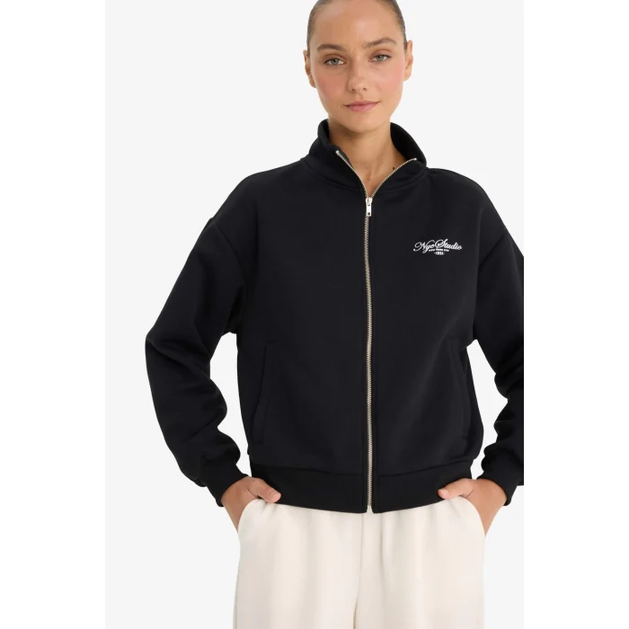 Defacto F0310AXBK81 Siyah Relax Fit Kolej Yaka Baskılı Bomber Hırka