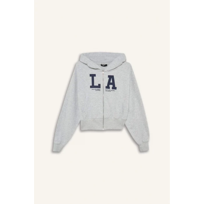 Defacto F8911AXGR210 Gri Coool Cropped Fit Kapüşonlu Baskılı Fermuarlı Sweatshirt