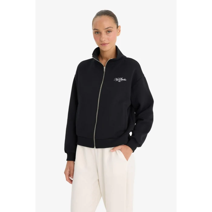 Defacto F0310AXBK81 Siyah Relax Fit Kolej Yaka Baskılı Bomber Hırka