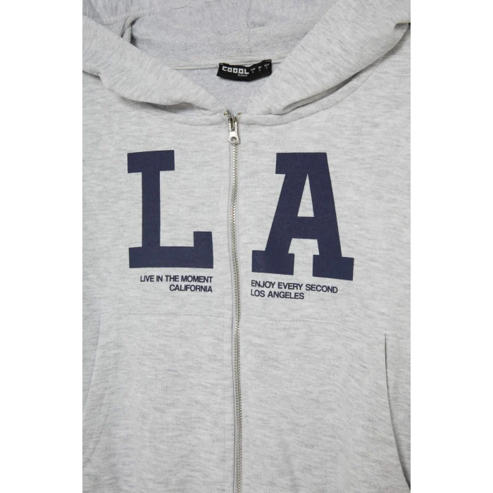 Defacto F8911AXGR210 Gri Coool Cropped Fit Kapüşonlu Baskılı Fermuarlı Sweatshirt