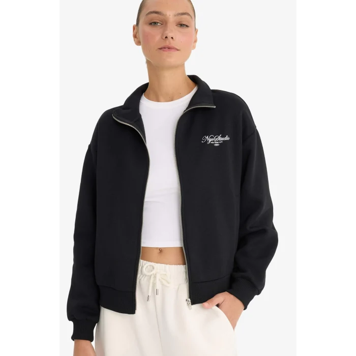 Defacto F0310AXBK81 Siyah Relax Fit Kolej Yaka Baskılı Bomber Hırka