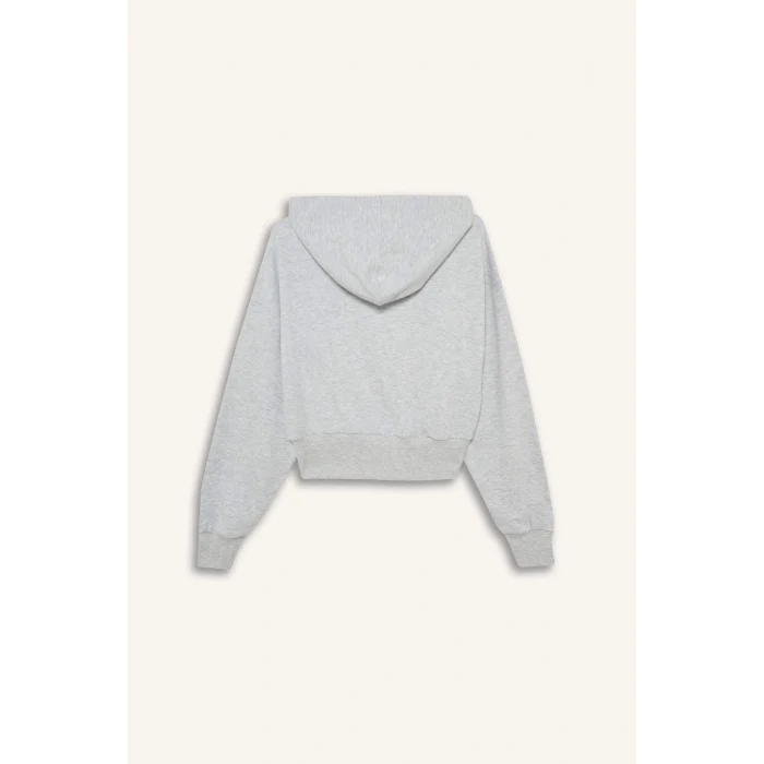 Defacto F8911AXGR210 Gri Coool Cropped Fit Kapüşonlu Baskılı Fermuarlı Sweatshirt