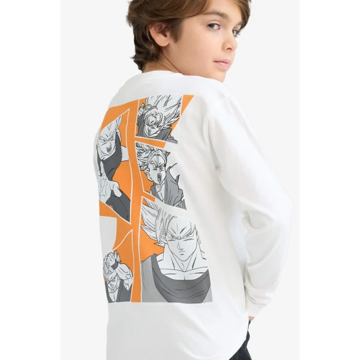 Defacto F5092A8WT32 Beyaz Erkek Çocuk Dragon Ball Bisiklet Yaka Sırt Baskılı Uzun Kollu Tişört