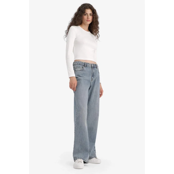 Defacto E9126AXNM28 Mavi Straight Wide Yüksek Bel Uzun Jean Yıkamalı Pantolon