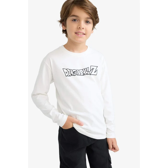 Defacto F5092A8WT32 Beyaz Erkek Çocuk Dragon Ball Bisiklet Yaka Sırt Baskılı Uzun Kollu Tişört