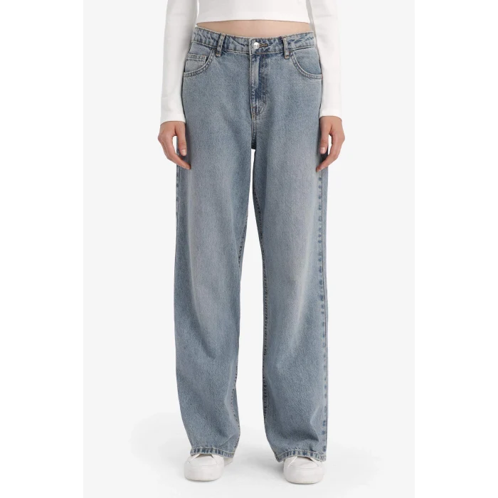 Defacto E9126AXNM28 Mavi Straight Wide Yüksek Bel Uzun Jean Yıkamalı Pantolon