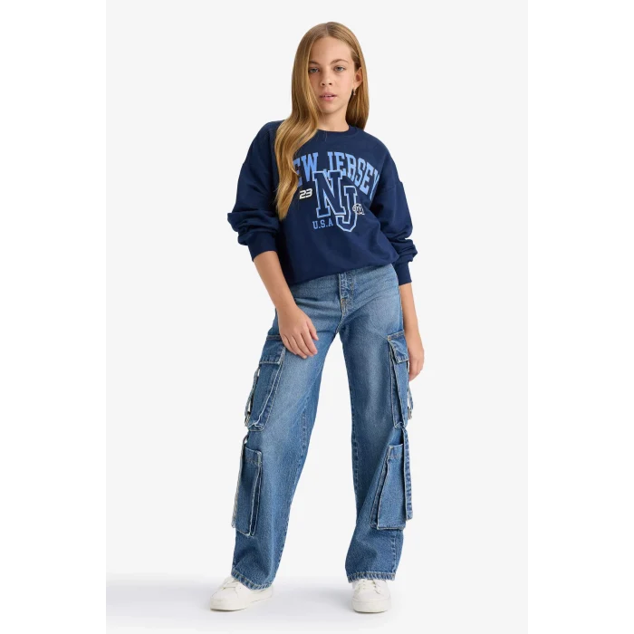 Defacto E8894A8NV241 Lacivert Kız Çocuk Relax Fit Bisiklet Yaka Baskılı Sweatshirt