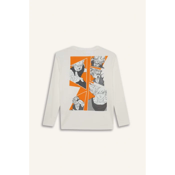 Defacto F5092A8WT32 Beyaz Erkek Çocuk Dragon Ball Bisiklet Yaka Sırt Baskılı Uzun Kollu Tişört