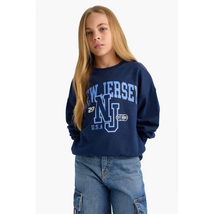 Defacto E8894A8NV241 Lacivert Kız Çocuk Relax Fit Bisiklet Yaka Baskılı Sweatshirt