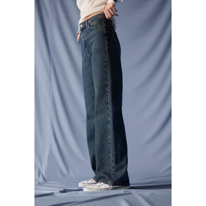 Defacto E9122AXNM34 Mavi 90s Wide Leg Yüksek Bel Düz Paça Uzun Jean Pantolon