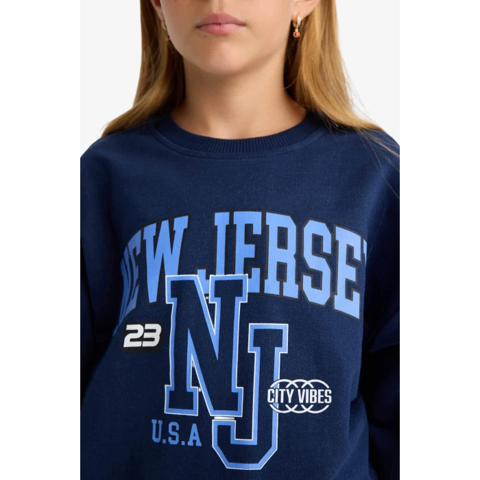 Defacto E8894A8NV241 Lacivert Kız Çocuk Relax Fit Bisiklet Yaka Baskılı Sweatshirt