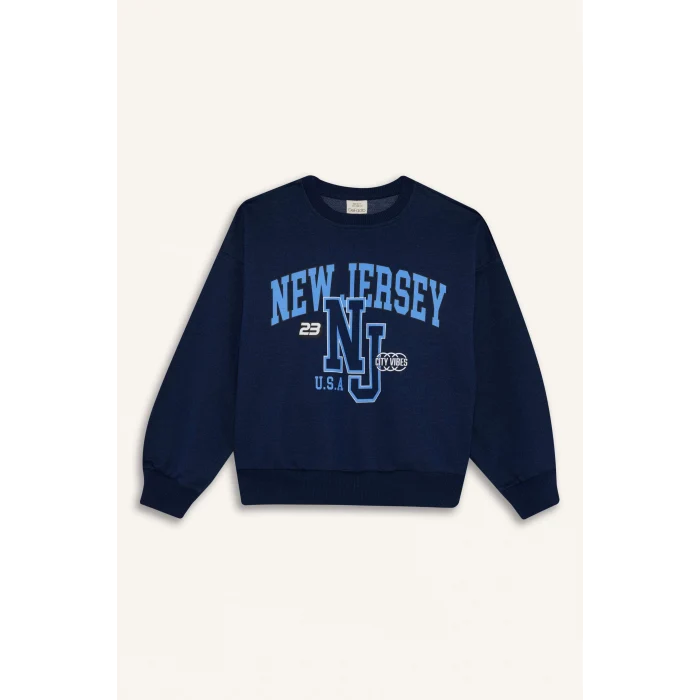 Defacto E8894A8NV241 Lacivert Kız Çocuk Relax Fit Bisiklet Yaka Baskılı Sweatshirt