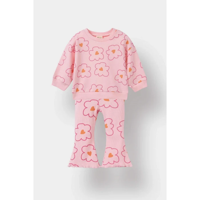 Defacto F0514A5PN99 Pembe Kız Bebek 2li Takım Çiçekli Sweatshirt İspanyol Paça Tayt