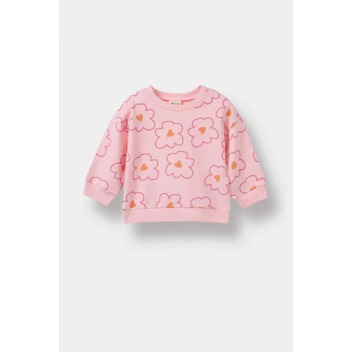 Defacto F0514A5PN99 Pembe Kız Bebek 2li Takım Çiçekli Sweatshirt İspanyol Paça Tayt