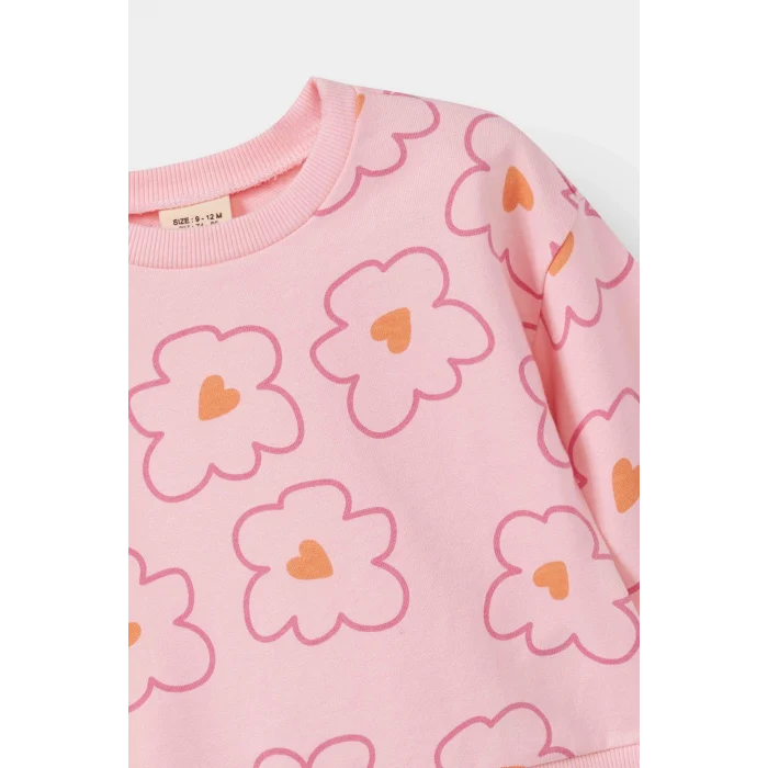Defacto F0514A5PN99 Pembe Kız Bebek 2li Takım Çiçekli Sweatshirt İspanyol Paça Tayt