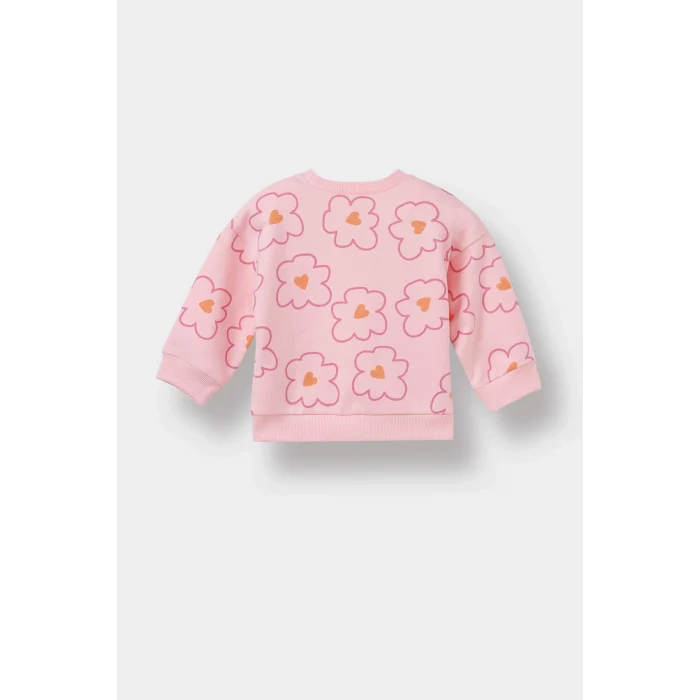 Defacto F0514A5PN99 Pembe Kız Bebek 2li Takım Çiçekli Sweatshirt İspanyol Paça Tayt