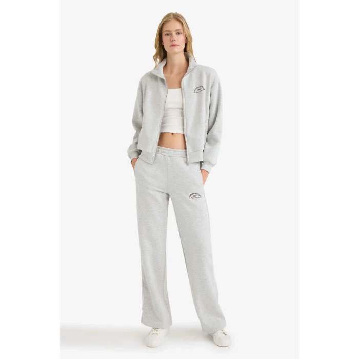 Defacto F0312AXGR93 Gri Straight Fit Cepli Baskılı Kalın Eşofman Altı