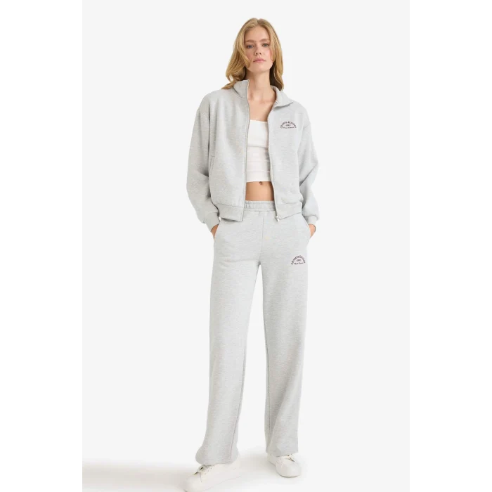 Defacto F0312AXGR93 Gri Straight Fit Cepli Baskılı Kalın Eşofman Altı