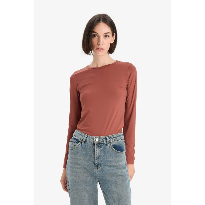 Defacto D3756AXBR228 Bordo Slim Fit Dar Kesim Bisiklet Yaka Basic Düz Uzun Kollu Tişört