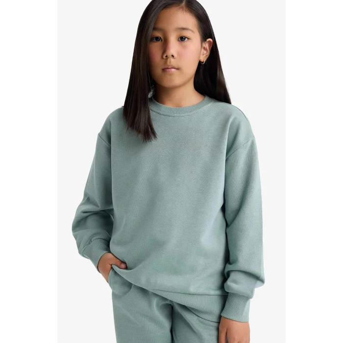 Defacto A2797A8GN1129 Yeşil Kız Çocuk Relax Fit Bisiklet Yaka Basic Düz Okul Sweatshirt