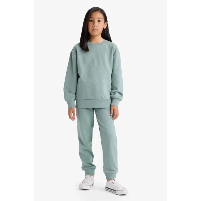 Defacto A2797A8GN1129 Yeşil Kız Çocuk Relax Fit Bisiklet Yaka Basic Düz Okul Sweatshirt
