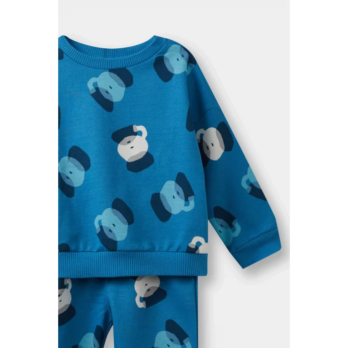 Defacto F0214A5BE535 Mavi Erkek Bebek 2li Takım Desenli Sweatshirt Eşofman Altı