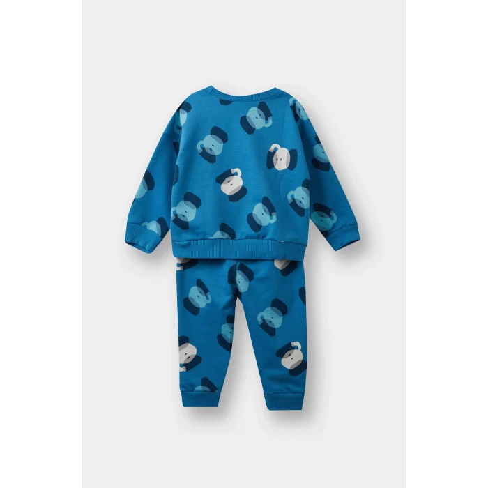 Defacto F0214A5BE535 Mavi Erkek Bebek 2li Takım Desenli Sweatshirt Eşofman Altı