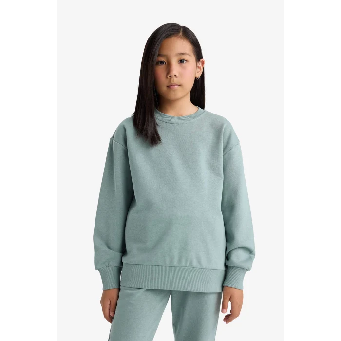 Defacto A2797A8GN1129 Yeşil Kız Çocuk Relax Fit Bisiklet Yaka Basic Düz Okul Sweatshirt