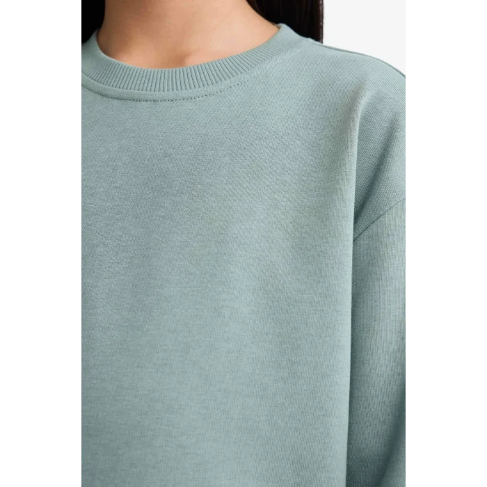 Defacto A2797A8GN1129 Yeşil Kız Çocuk Relax Fit Bisiklet Yaka Basic Düz Okul Sweatshirt