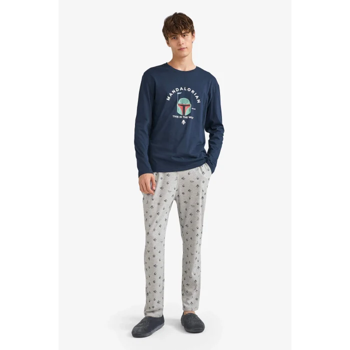Defacto F4879AXNV135 Lacivert Star Wars-Mandalorian Pijama Takımı Uzun Kollu Üst Uzun Alt