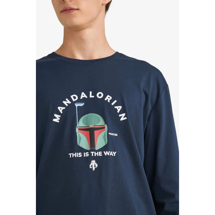 Defacto F4879AXNV135 Lacivert Star Wars-Mandalorian Pijama Takımı Uzun Kollu Üst Uzun Alt