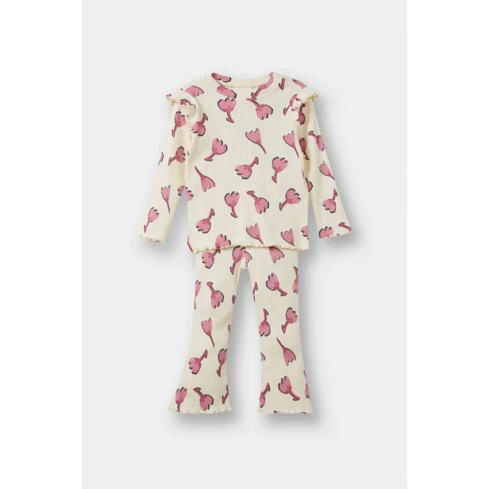 Defacto F3714A5ER134 Ekru Kız Bebek 2li Takım Çiçekli Fitilli Kaşkorse Sweatshirt İspanyol Paça Tayt