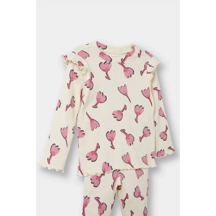 Defacto F3714A5ER134 Ekru Kız Bebek 2li Takım Çiçekli Fitilli Kaşkorse Sweatshirt İspanyol Paça Tayt