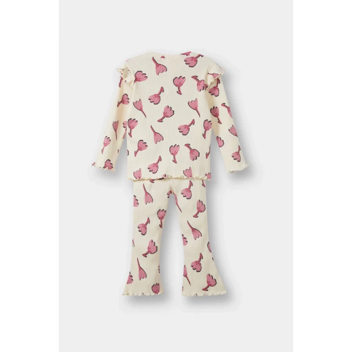 Defacto F3714A5ER134 Ekru Kız Bebek 2li Takım Çiçekli Fitilli Kaşkorse Sweatshirt İspanyol Paça Tayt