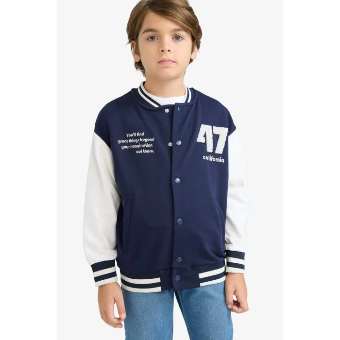 Defacto F4550A8NV146 Lacivert Erkek Çocuk Baskılı Kolej Yaka Bomber Ceket