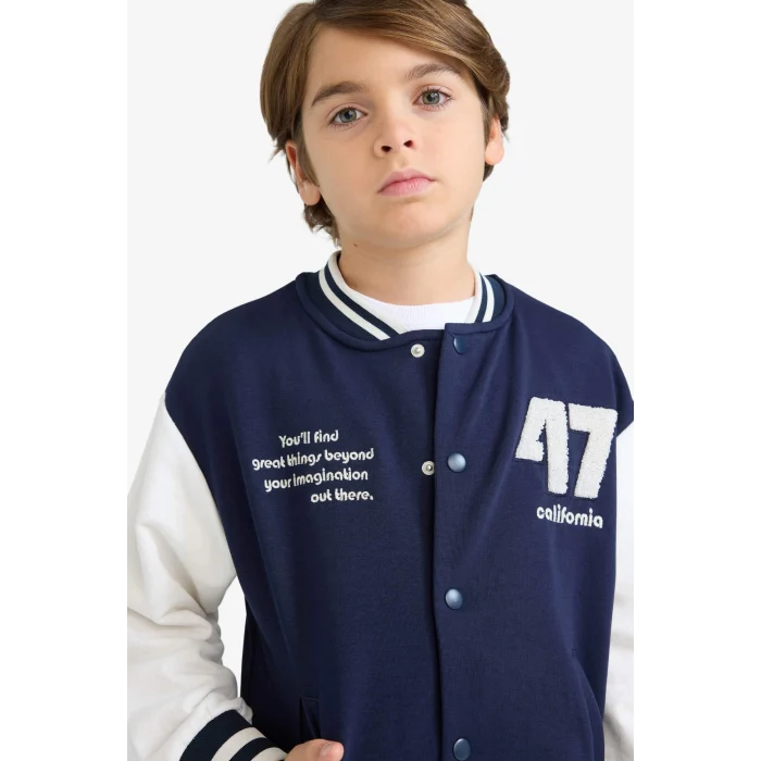 Defacto F4550A8NV146 Lacivert Erkek Çocuk Baskılı Kolej Yaka Bomber Ceket