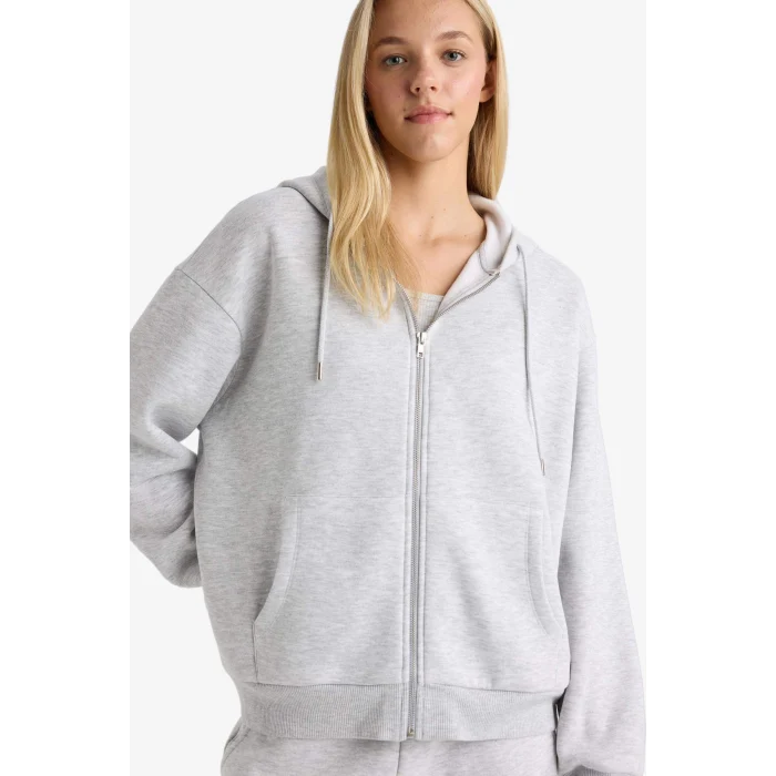 Defacto C1809AXGR93 Gri Relax Fit Kapüşonlu Basic Düz Kalın Fermuarlı Sweatshirt
