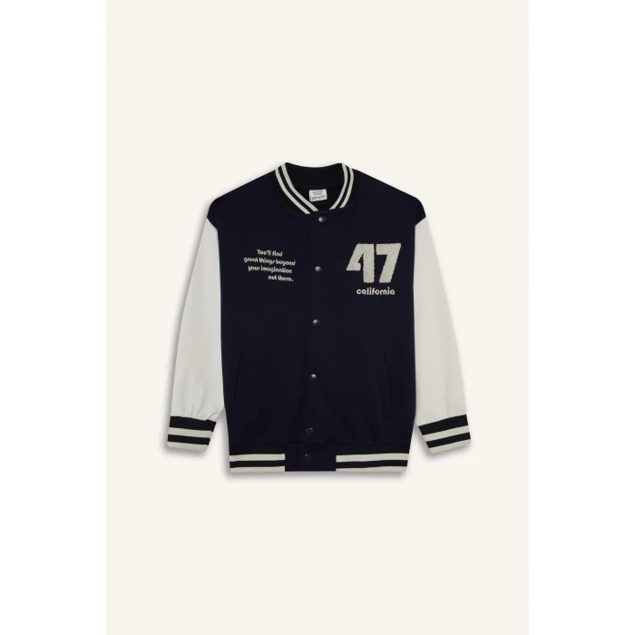 Defacto F4550A8NV146 Lacivert Erkek Çocuk Baskılı Kolej Yaka Bomber Ceket