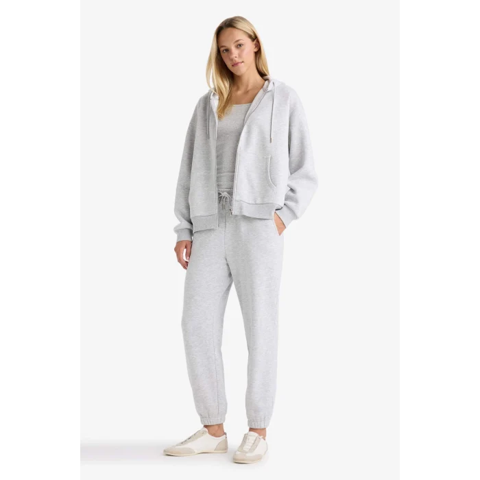 Defacto C1809AXGR93 Gri Relax Fit Kapüşonlu Basic Düz Kalın Fermuarlı Sweatshirt