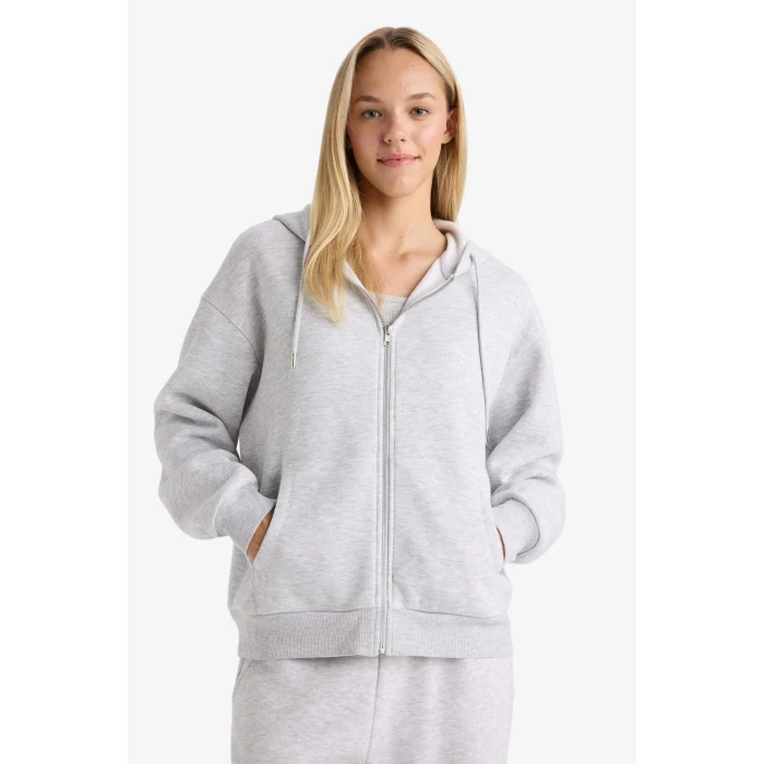 Defacto C1809AXGR93 Gri Relax Fit Kapüşonlu Basic Düz Kalın Fermuarlı Sweatshirt